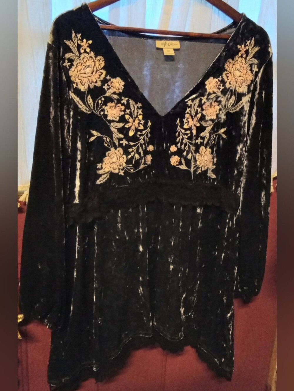 Style & Co. Dark Gray Velvet V-Neck Tunic with Floral Embroidery